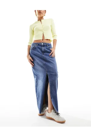 Pieces® Front slit denim maxi skirt in mid