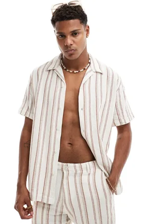 SELECTED Co-ord oversized revere collar textured shirt in off stripe