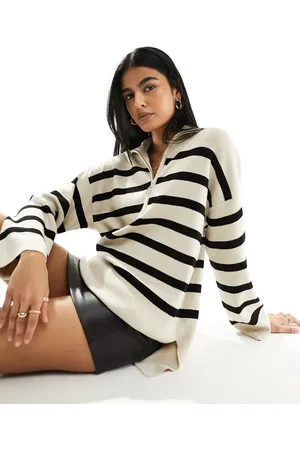 Object Knitted zip neck jumper in cream mono stripe
