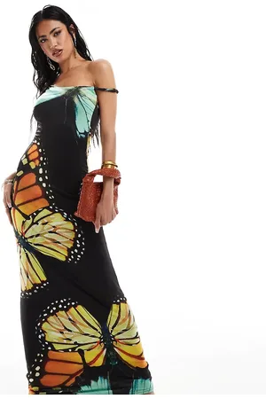 Kaiia Exclusive slinky twist off shoulder maxi dress in black butterfly print