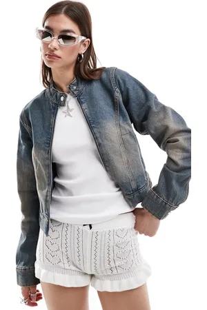 COLLUSION Festival denim moto jacket in midwash