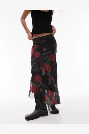 Topshop Asymetric ruffle mesh midi skirt in rose floral
