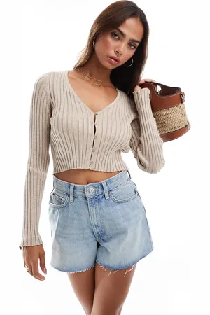 VERO MODA Button front glitter fleck long sleeved top in beige