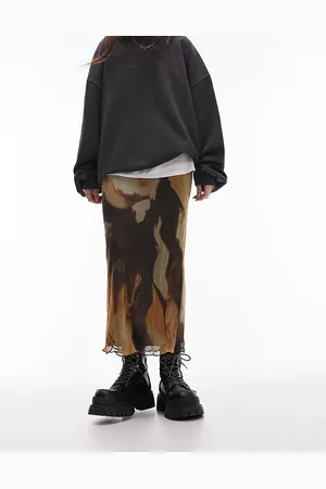 Topshop Jersey mesh plisse midi skirt in sepia floral