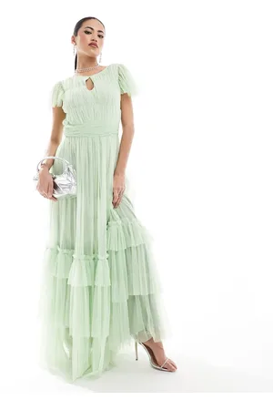 Lace & Beads High neck tulle maxi dress in sage