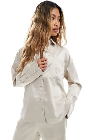The Couture Club Co-ord satin long sleeve shirt in beige