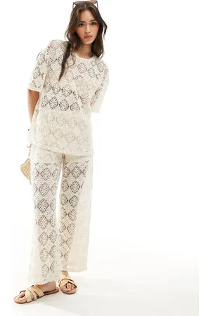 JDY Crochet wide leg trouser co-ord with short inscert in stone