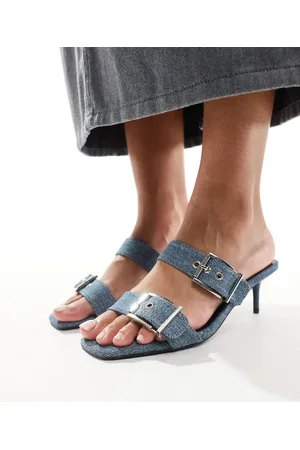 Truffle Collection Kitten heel double buckle strap mules in denim
