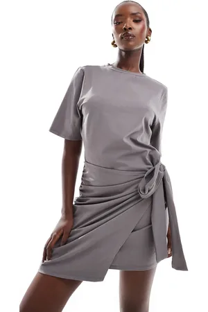In The Style Exclusive wrap tie side mini t-shirt dress in charcoal