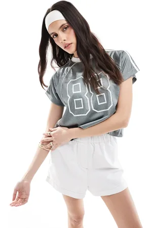 Miss Selfridge Graphic print cropped football t-shirt in grey