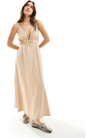 Y.A.S Y.A.S textured double strap tie front cami maxi dress in cream
