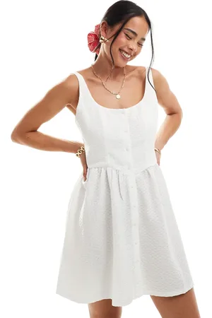 MANGO Milkmaid textured button up dress in