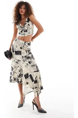Something New Hanky hem midi skirt co-ord in newspaper print