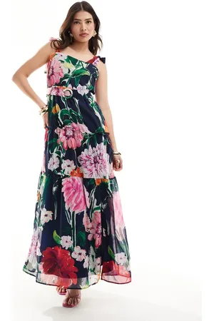 HOPE & IVY Tie shoulder maxi dress in dark base floral