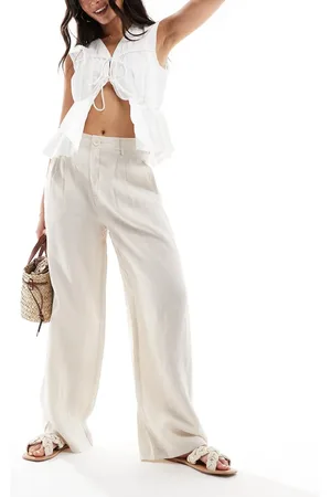 MANGO Straight leg linen trousers in beige