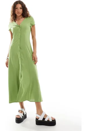 Monki Short sleeve button front midi dress in