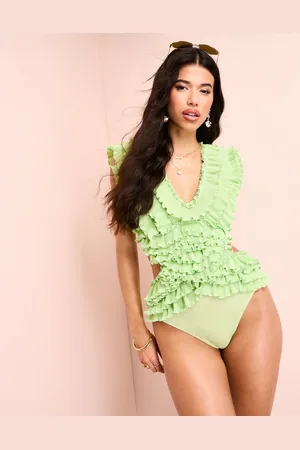 ASOS Ruffle plunge swimsuit with cut out detail in green