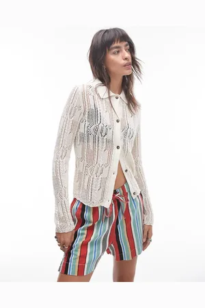 Topshop Knitted long sleeve stitchy pattern shirt in cream