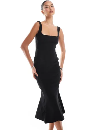 Vesper Sleeveless square neck fishtail midi dress in