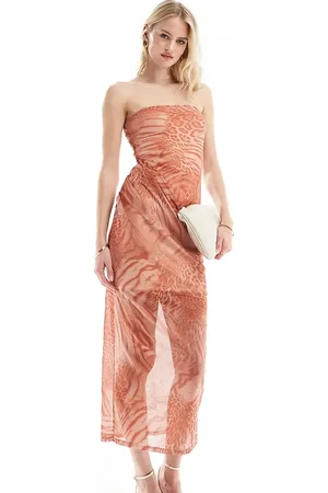 ASOS ASOS DESIGN Tall bandeau midi dress with drape mesh bodice in orange animal print