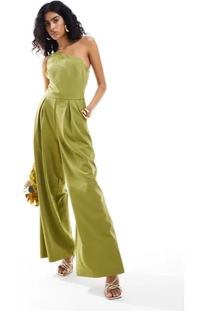 Pretty Lavish One shoulder jumpsuit with pockets in olive