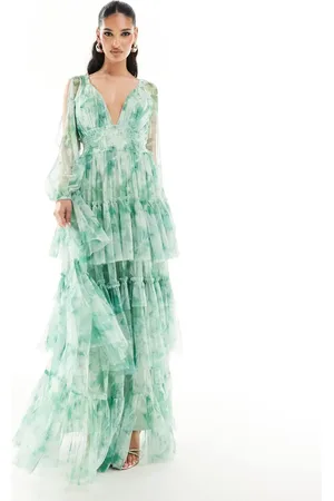 Lace & Beads Sheer sleeve tulle maxi dress in floral