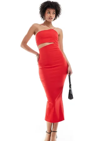 Vesper Asymmetric halterneck midi cut out dress in
