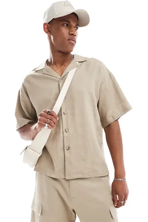 ADPT. Oversized linen mix revere collar shirt in beige