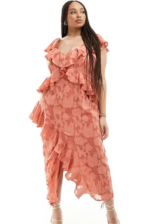Pretty Lavish Jacquard floral ruffle midaxi dress in terracotta