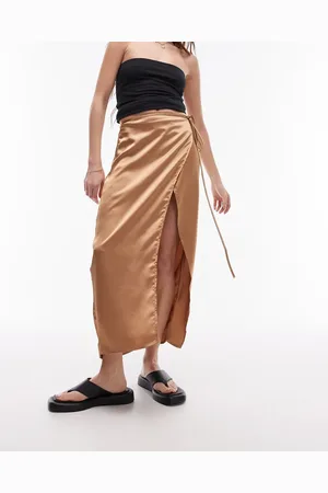 Topshop Co-ord satin wrap midi skirt in camel
