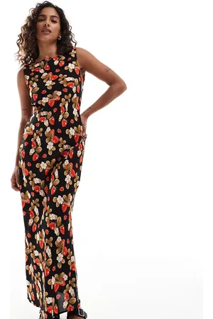 Miss Selfridge Slash neck scoop back maxi dress in strawberry floral print