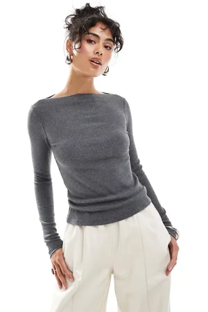 MANGO Long sleeve ribbed slash neck top in