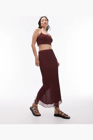Topshop Co-ord plisse straight midi skirt in maroon