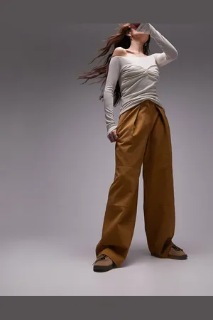 Topshop Darted hem detail tailored wide leg trouser in sand