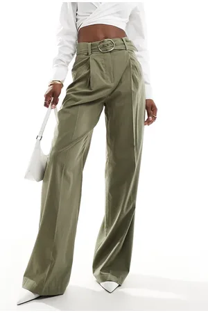 MANGO Buckle waist wide leg trouser in khaki