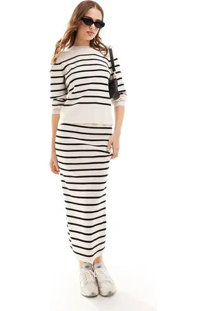 VILA Lightweight knit maxi skirt co-ord in cream stripe