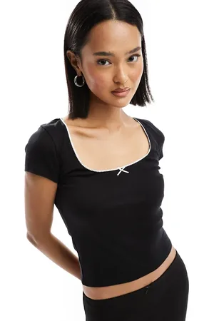 Miss Selfridge Square neck contrast trim top in black