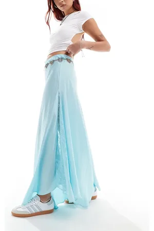 Free People Lace insert satin maxi skirt in aqua
