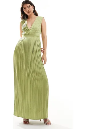 TFNC Bridesmaid satin pleated maxi dress in olive