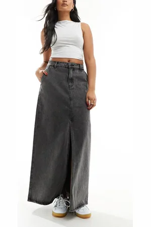 VILA Denim maxi skirt with front split in dark wash