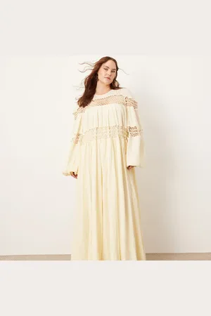 ASOS Curve crochet trim drop waist blouson sleeve trapeze maxi dress in buttermilk