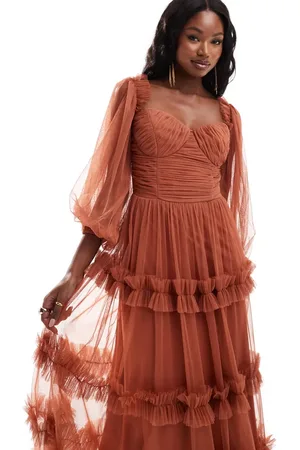 Lace & Beads Long sleeve ruffle maxi dress in terracotta rose