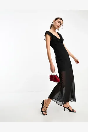 Glamorous V neck frill detail sheer overlay midi dress in