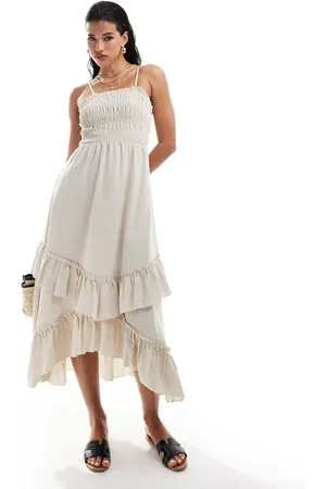 Style Cheat Smocked maxi cotton dress with ruffle detail in cream