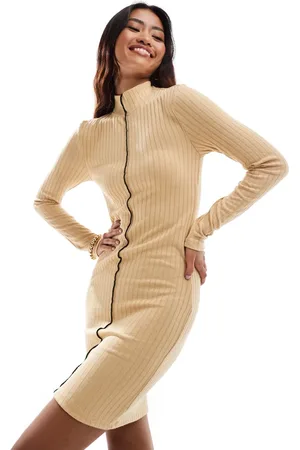 VERO MODA Ribbed jersey mini dress with lettuce edge seam detail in beige
