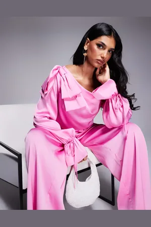 ASOS Satin off shoulder wide leg jumpsuit with bow in