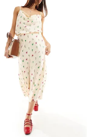 Y.A.S Y.A.S satin midi skirt co-ord in cream ditsy floral print