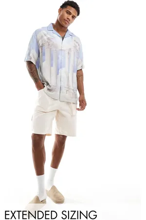 ASOS Relaxed revere shirt with placement print in blue and white