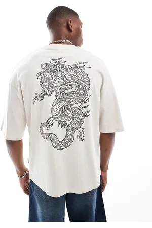 JACK & JONES Super oversized dragon back print t-shirt in beige