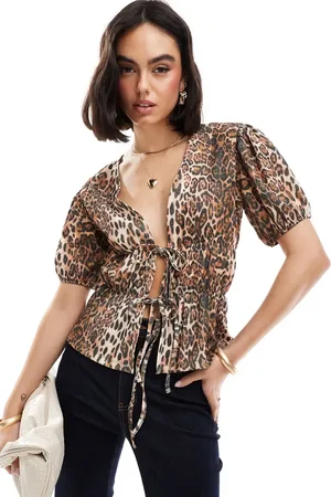 ASOS Tie front textured peplum top in leopard print